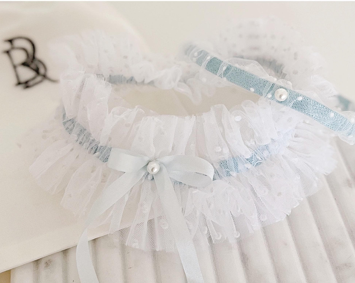 Blue Wedding Garter Set: Tulle, Silk Ribbon & Pearl - Handmade
