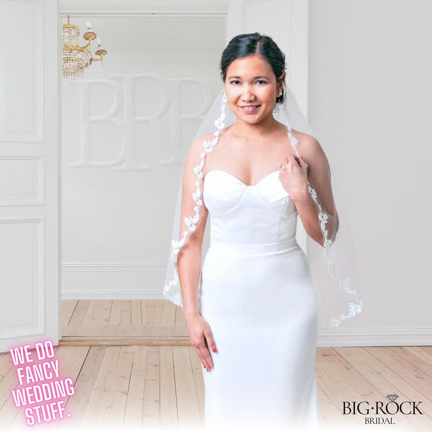 Floral Lace Wedding Veil: Ivory Bridal, Waltz or Cathedral Length