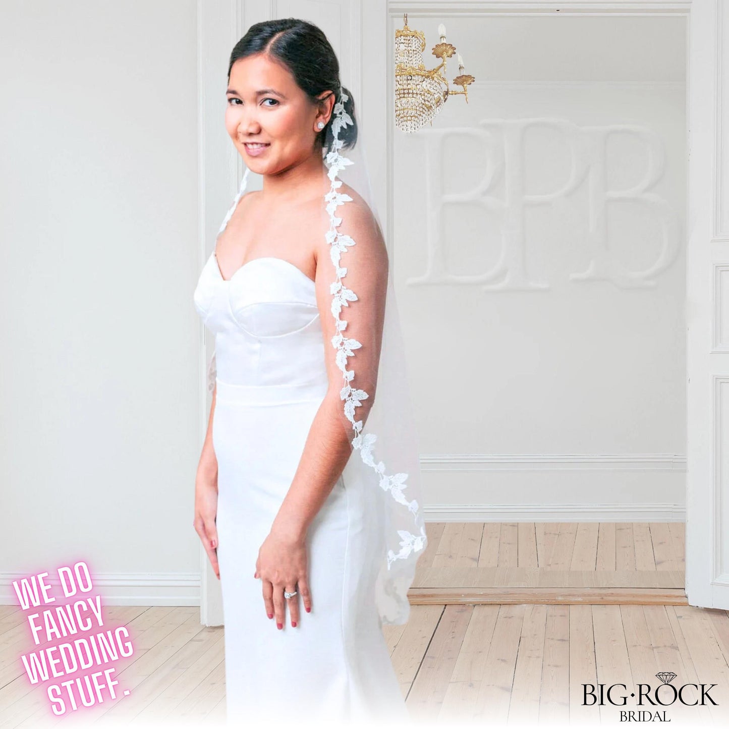 Floral Lace Wedding Veil: Ivory Bridal, Waltz or Cathedral Length