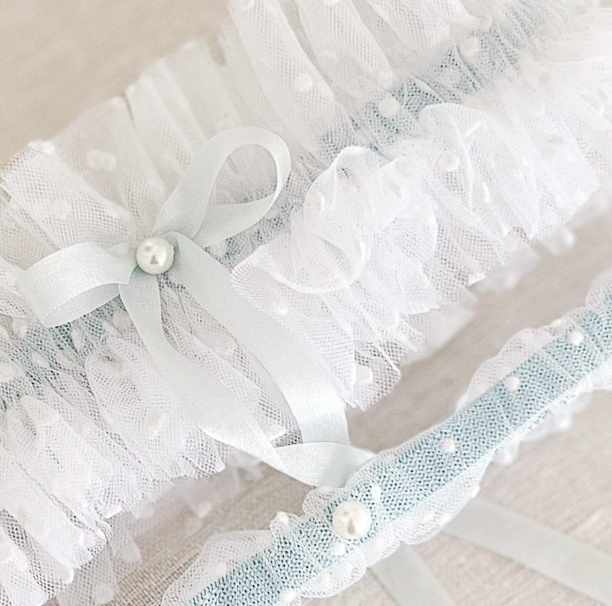 Something Blue Wedding Garter Set: Tulle Bridal Garter with Pearl Bow