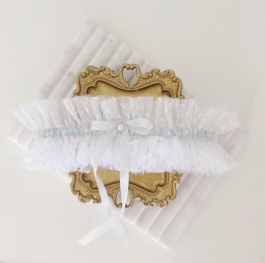 Something Blue Wedding Garter Set: Tulle Bridal Garter with Pearl Bow