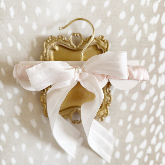 Blush Pink Wedding Garter for Bride with hand tied silk ribbon and pearl detailing by Big Rock Bridal