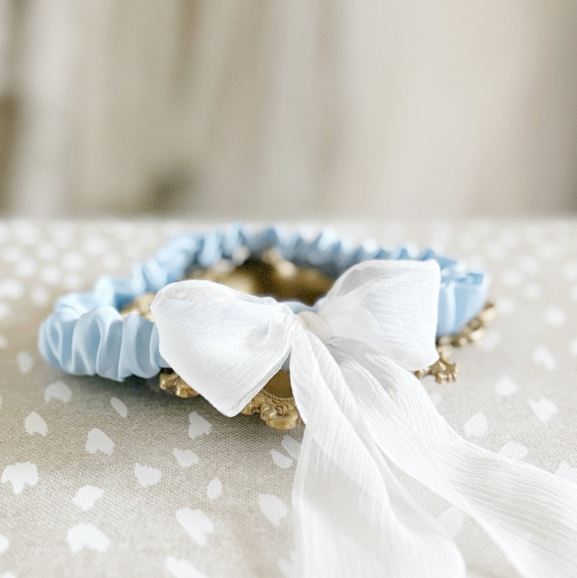 Luxury Blue Silk wedding garter with hand-tied silk bow