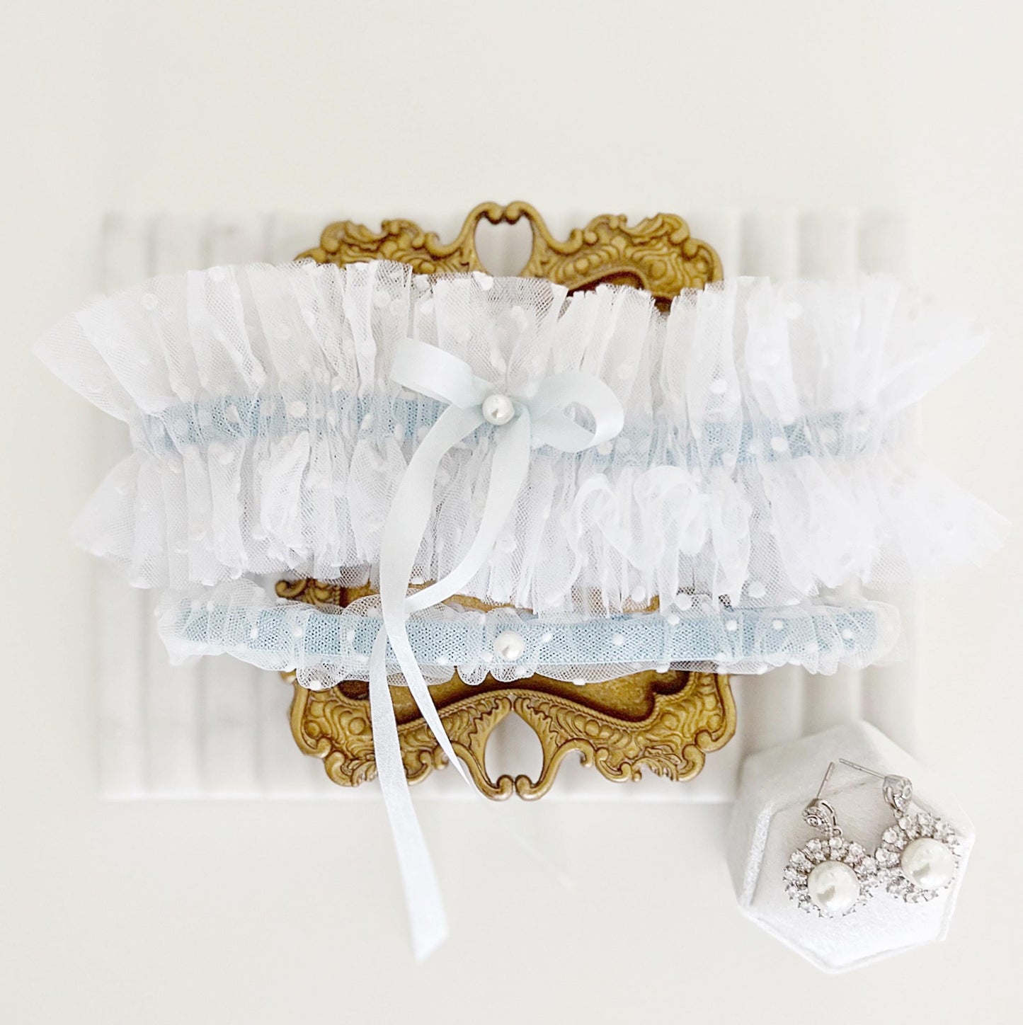 Something Blue Wedding Garter: Dotted Tulle Bridal Garter Set