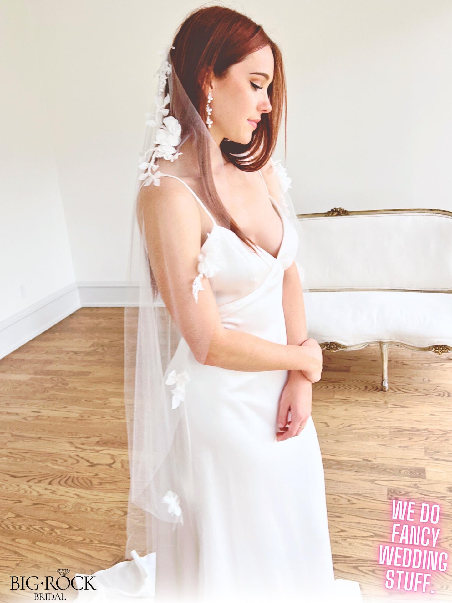 Floral Lace Wedding Veil: Waltz Length, Pearl Bridal Headpiece