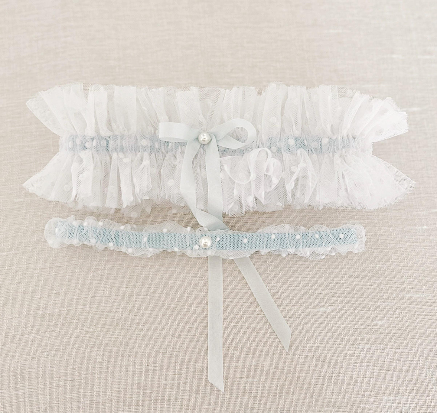 Something Blue Wedding Garter Set: Tulle Bridal Garter with Pearl Bow