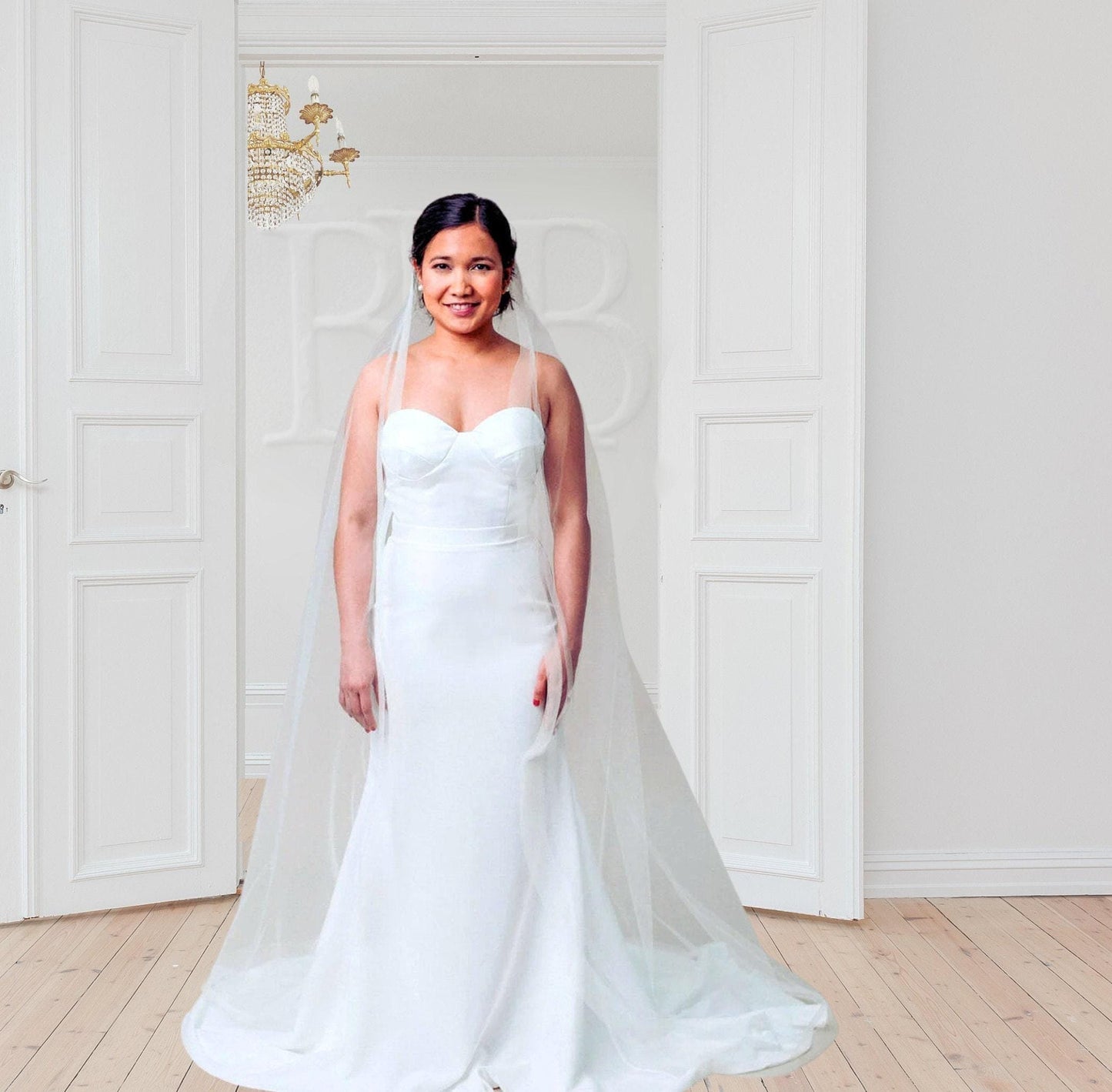 Elegant Off White Modern Waltz Length Horsehair Wedding Veil with Blusher