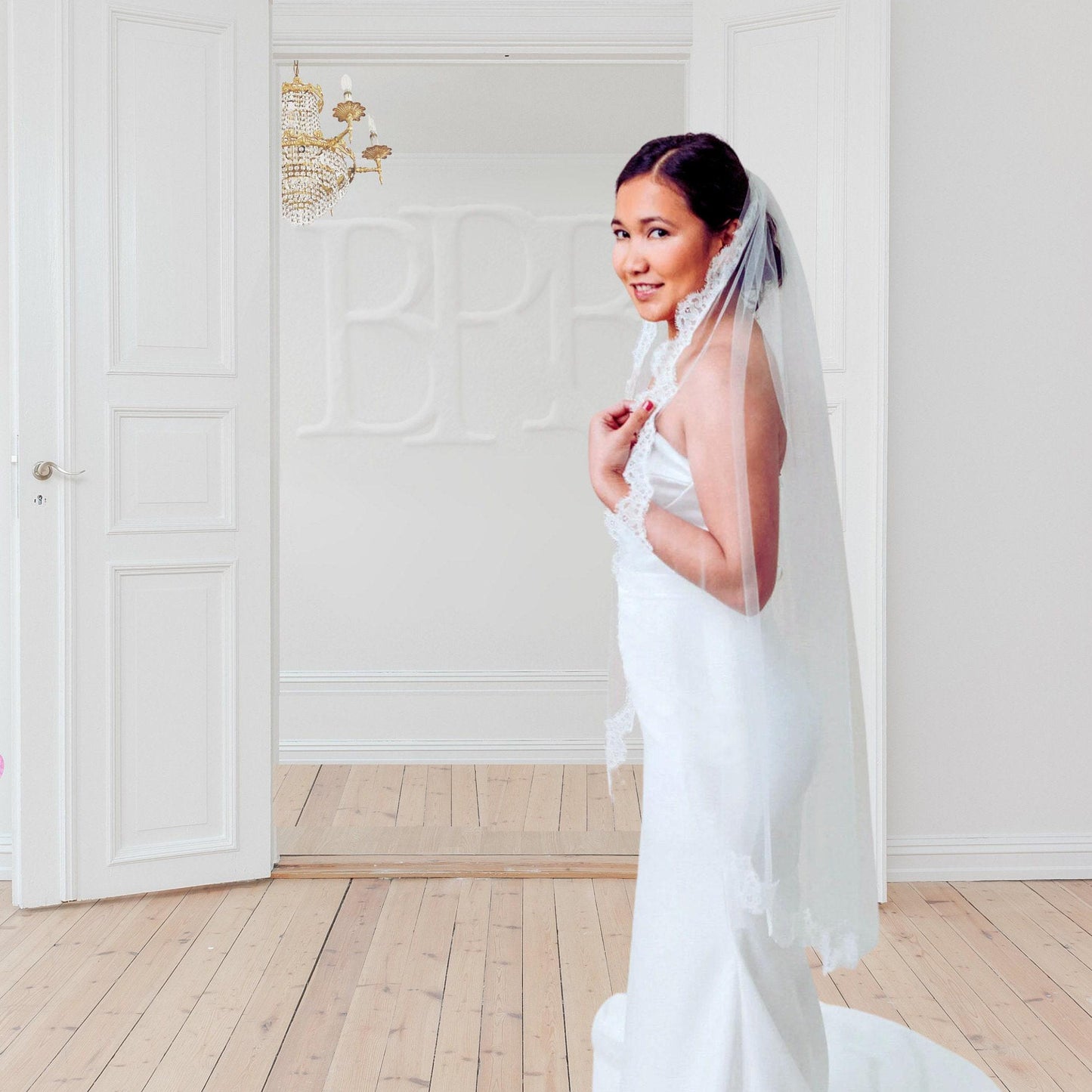 Handmade Off White Waltz Length Lace Wedding Veil