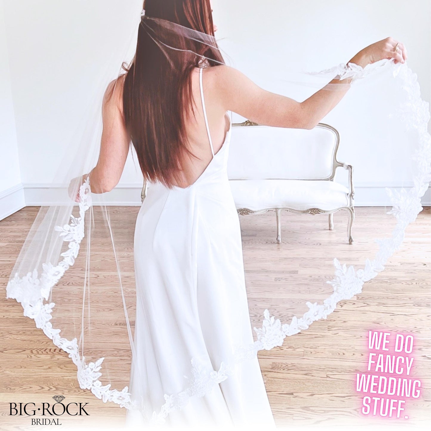 Lace Trim Wedding Veil: Ivory Waltz Length, Hand-Beaded Sequins