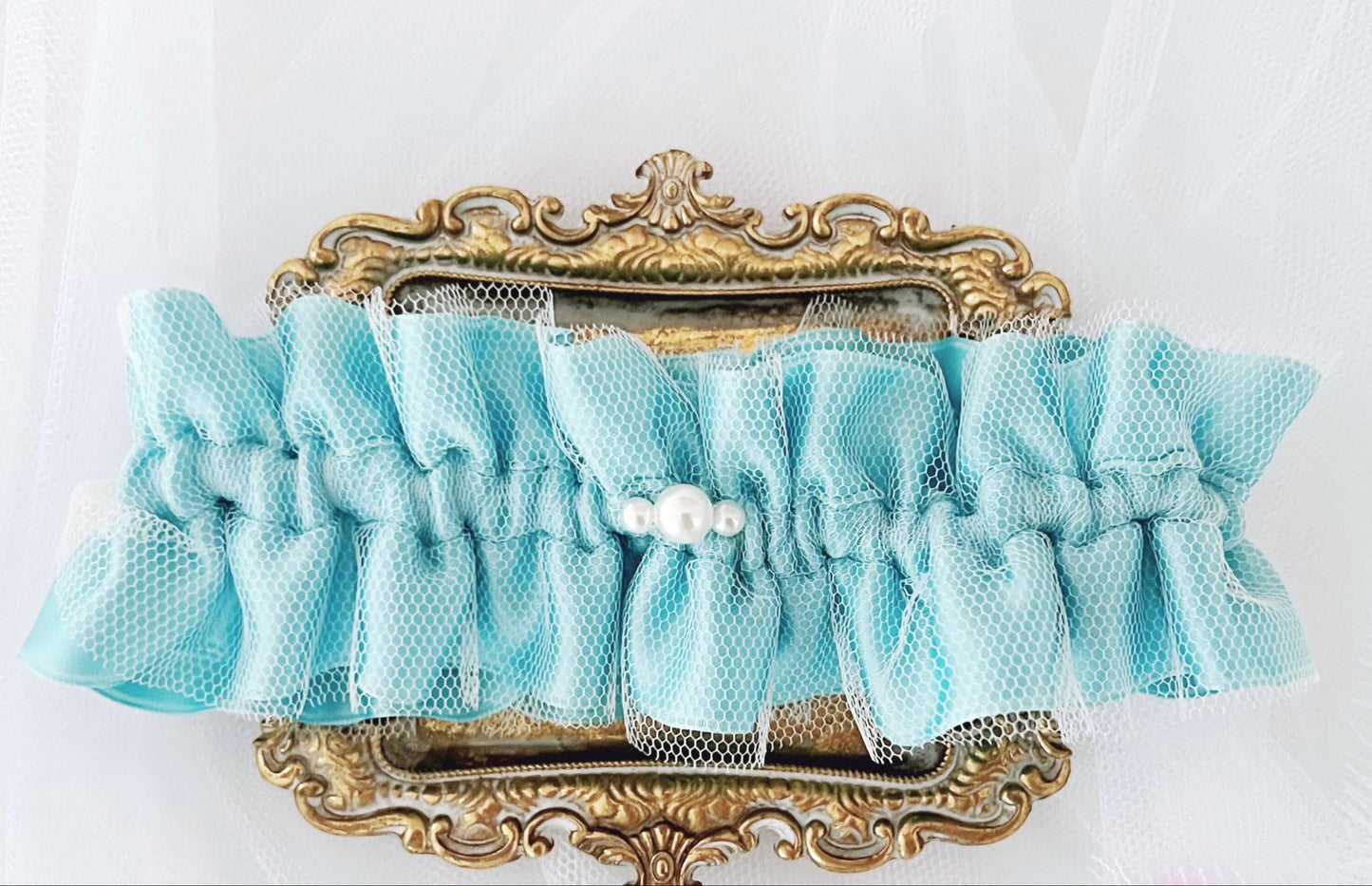 Tiffany Blue Wedding Garter, Something Blue for Bride, Pearl Bridal Garter Belt, Bride Gift, Bridal Shower Gift, Wedding Keepsake