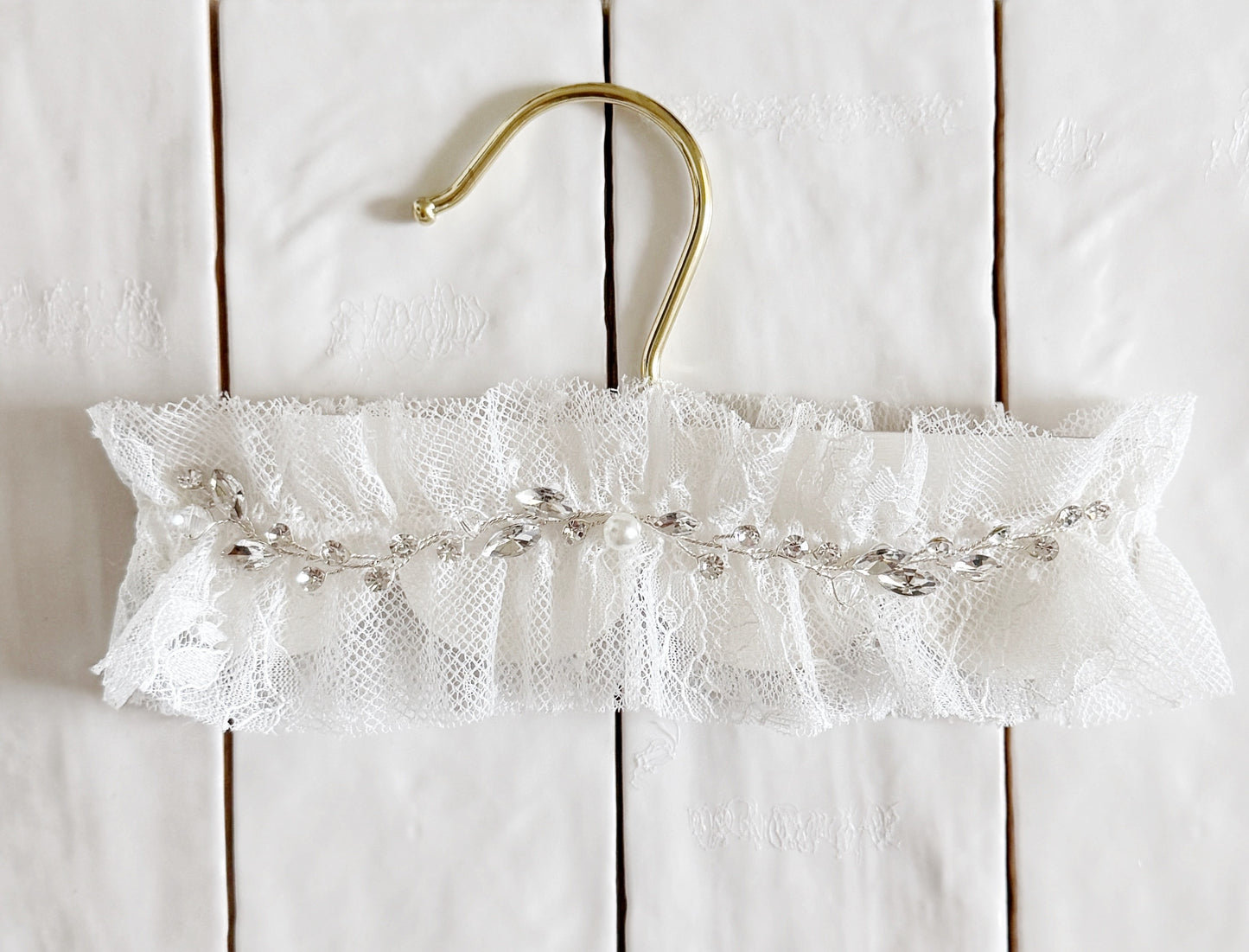 lace wedding garter with rhinestones and pearls for bride by big rock bridal